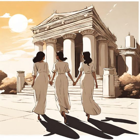 health wealth and romance represented by 3 women walking together towards a temple, the temple is representing knowledge and wisdom.