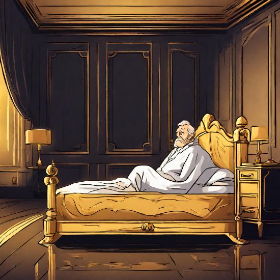 rich wealthy man alone in bed sad in a golden bed