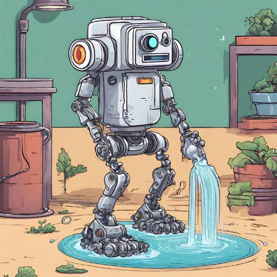 AI robot machine watering its feet and short circuit for mistake