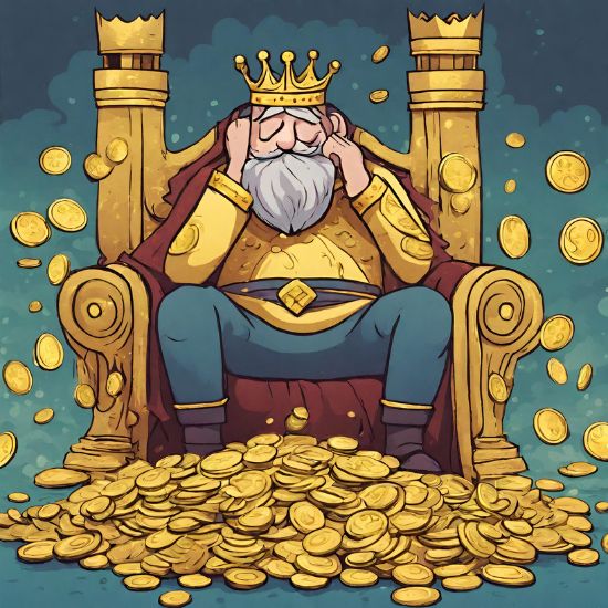money-buy-happiness-if-you-know-how-to-spend-it-but-maybe-you-wont-find-happiness-for-sale- king sad surrounded by an ocean of money and gold but sad and deeply thinking with his crown on